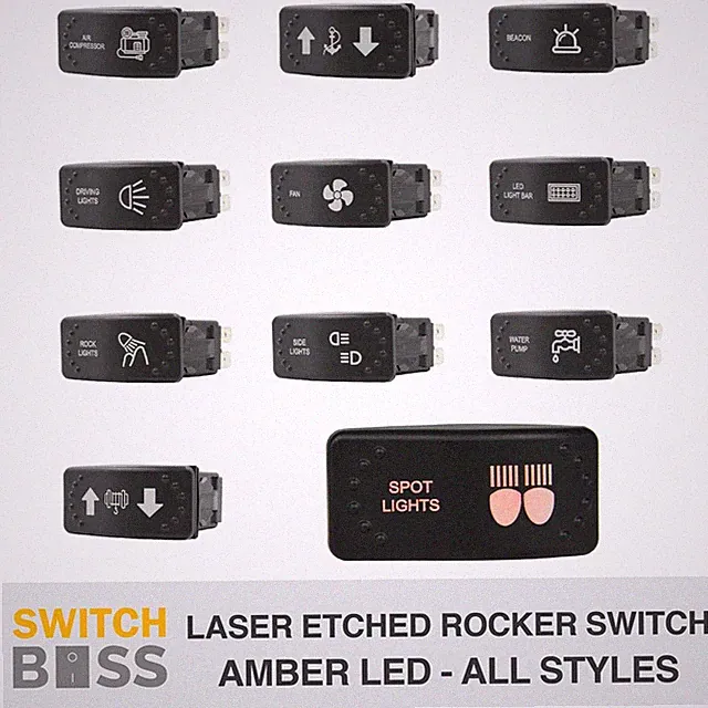 AMBER LED Horizontal LASER ETCHED Rocker Switch 46 Styles for Caravan Marine Car