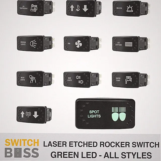 Green LED Horizontal LASER ETCHED Rocker Switch 42 Styles for Caravan Marine Car