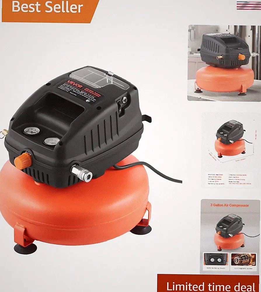 Quiet Oil-Free 3 Gallon Air Compressor - 0.54 CFM @ 90 PSI, For Home & Garage